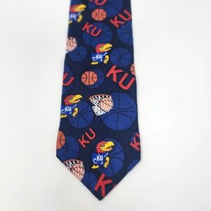 Vtg Merge Left Kansas Jayhawks Silk Tie Navy Blue Basketball Hoops NCAA KU